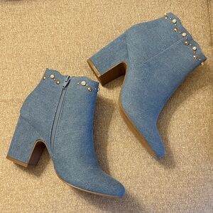 Denim Blue Stud-Trim Ankle Booties